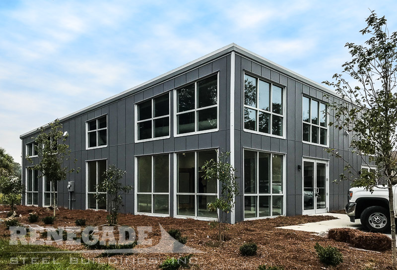 Commercial steel building office with windows and doors gray
