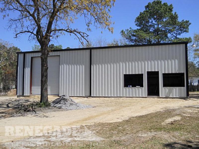 commercial steel building white with black trim