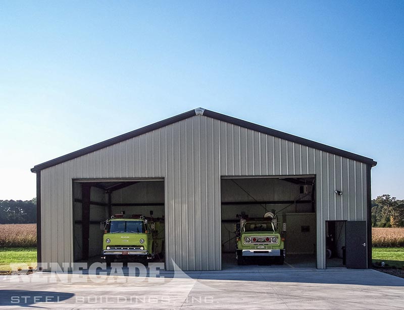 steel building with, large rollup doors, firestation, fire engine parking