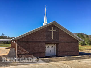 steel building, metal building, church, brick on 4 sides, steep roof pitch