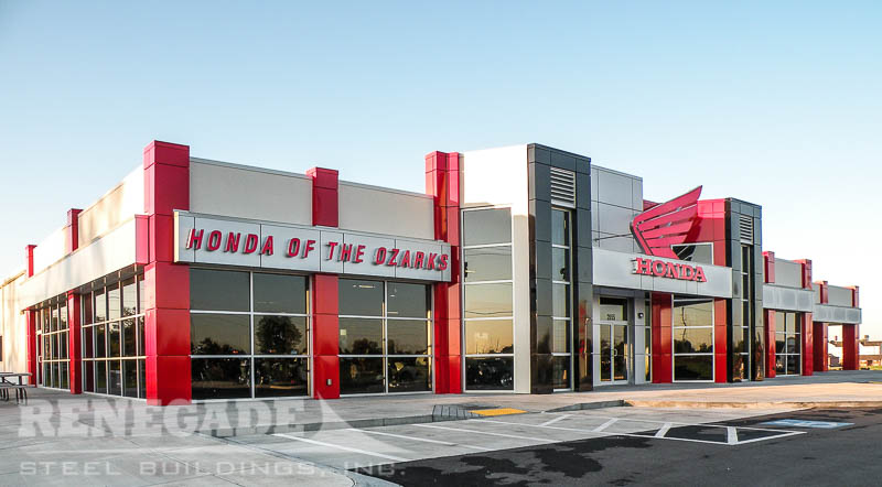 commercial steel building that doesn't look like a steel building, motorcycle dealership, storefront glass and doors