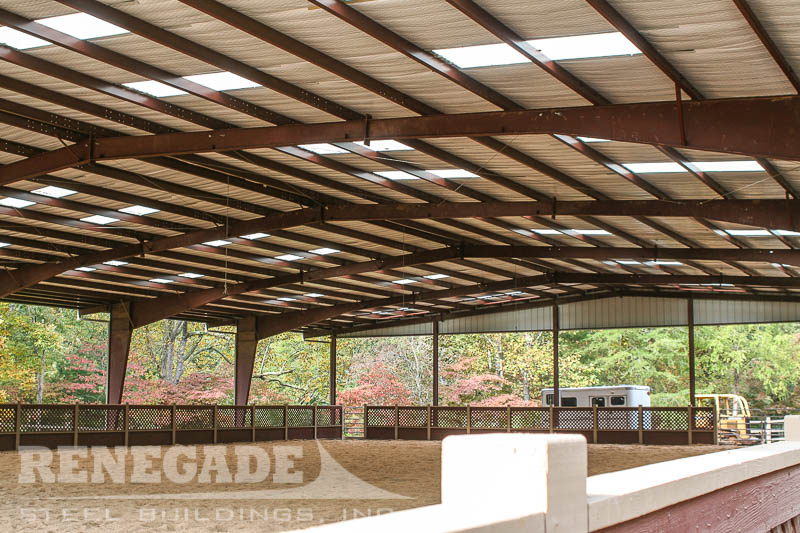 horse riding arena steel building roof only with skirts, gutters and down spouts, skylights