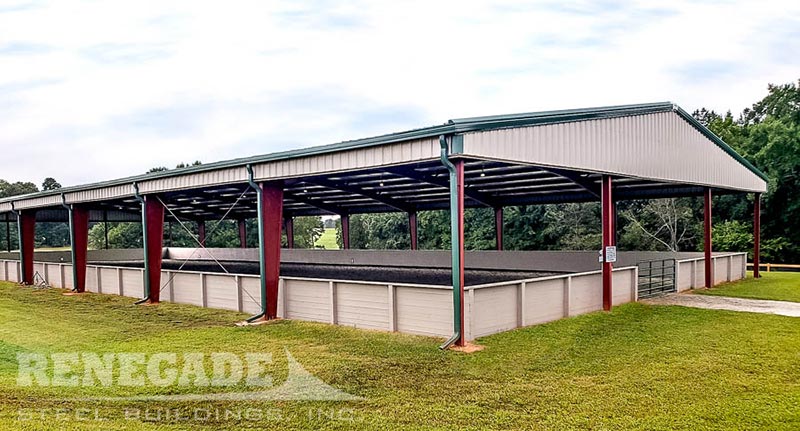 steel building horse riding arena with sheeted gables and green trim