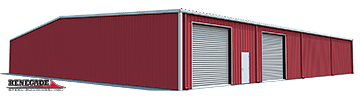 100x100x14 steel building with red walls and white trim