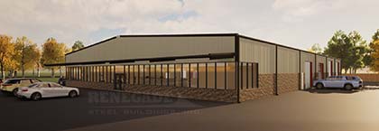100x150x16 steel building with canopy and storefront glass