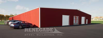 100x200x14 steel building illustration with red walls and white trim