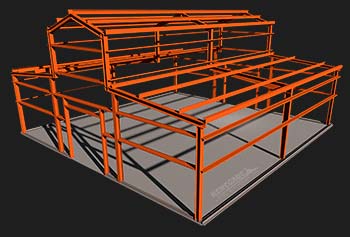 Red Iron Steel Building with monitor roof line frame only