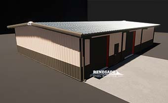 40x60 Renegade steel buildings tan with wainscot and eave extensions illustration