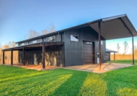 R55 40x80x18 with inset bay, 34x46x10 with inset bay, 12x60x11 Lean to building with charcoal gray walls and burnished slate trim