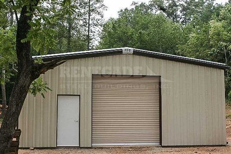 30x50x12 Renegade steel building with tan walls, brown trim, roll up door and walk door