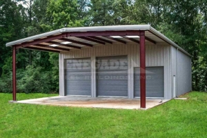42x75x17 renegade steel building with gray walls and trim, 3 large roll up doors and an open bay
