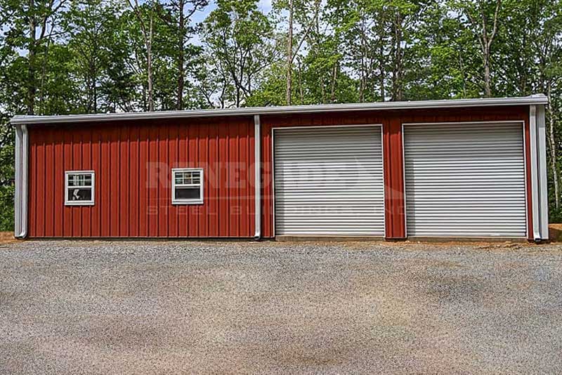 30x50x12 Renegade Steel Building with red walls, white trim, 2 10x10 roll up doors, walk doors and windows