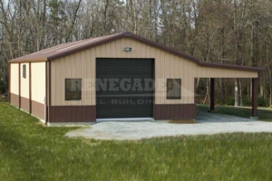 30x60x12 steel building, 15x60x10 open lean to on one side, large brown rollup door, windows