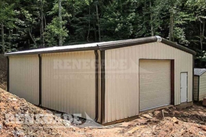 30x40x12 Renegade Steel Building with tan walls and brown trim, 1 large rollup door