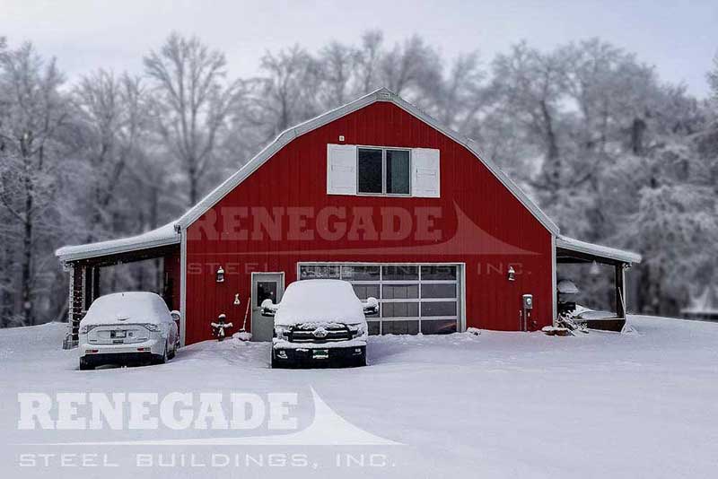 40x40x12/21 gambrel style steel building with 10x40x9 lean to at each side wall. Red barn with whie trim