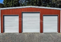 40x50x16 Renegade Steel Building with red walls and white trim, 3 large roll up doors