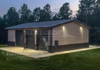 40x60x16 steel building with wainscot and large doors, tan walls and brown trim, wainscot and roof