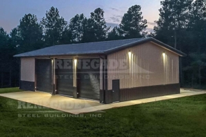 40x60x16 steel building with wainscot and large doors, tan walls and brown trim, wainscot and roof