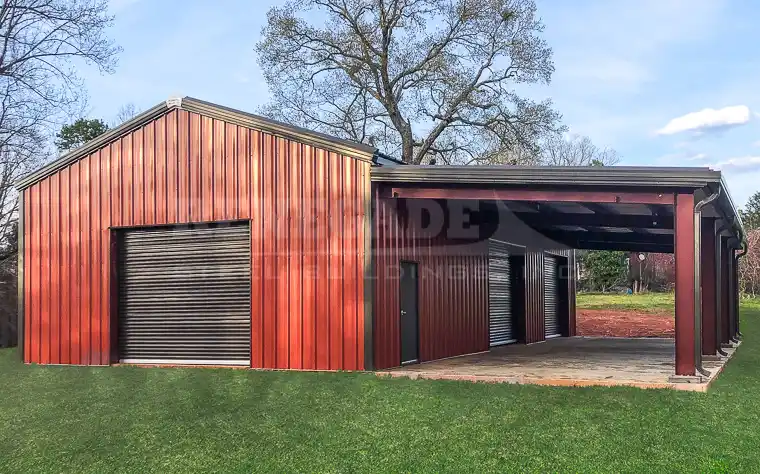Renegade steel building, 30x60 with lean to, red walls and brown trim.