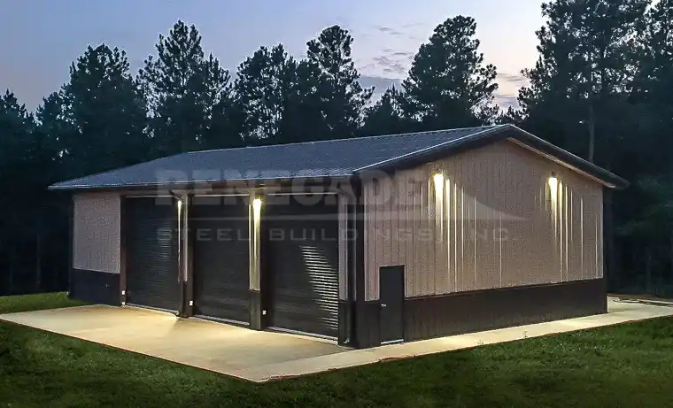 40x60x14 Renegade Steel Building with tan walls and burnished slate trim and wainscot