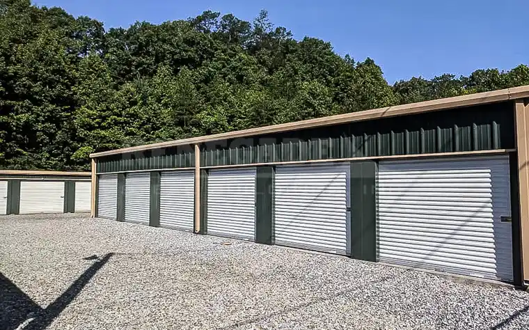 Renegade steel Buildings self storage mini warehouse, green walls with tan trim