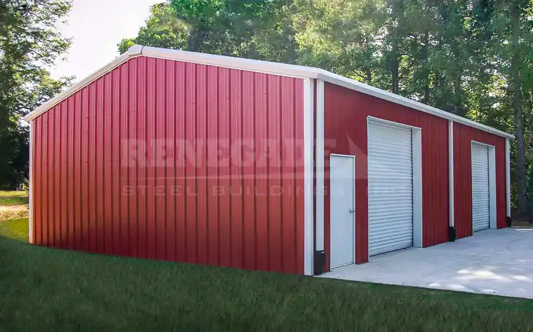 Renegade Steel Building, 30x40 with red walls and white doors and trim