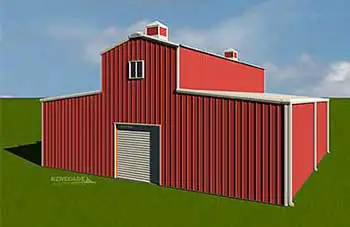 Renegade steel building red iron barn style monitor roof with red walls and white trim