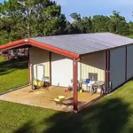 steel building man cave exterior with open bay