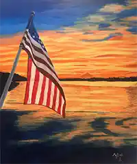 McPhail art painting of American Flag at sunset