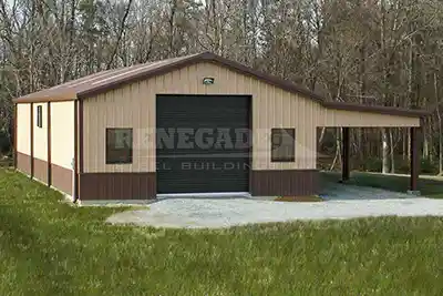 Tan Renegade Steel Building with brown trim and open lean to