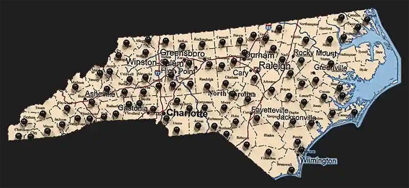 North Carolina map of Renegade Steel buildings