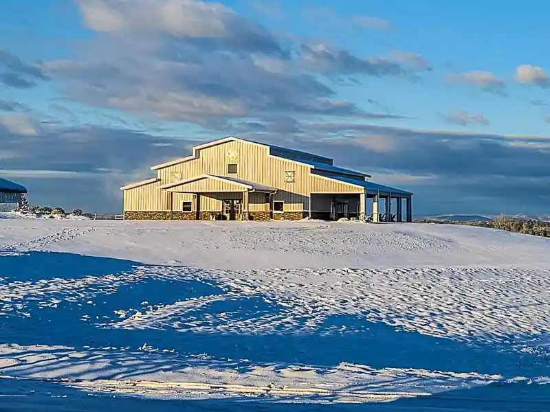 Renegade steel buildings wedding facility in winter with snow