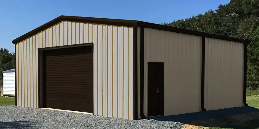 30x30 Tan steel storage building with brown trim
