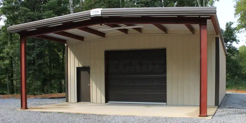 30x55 Tan Steel Building workshop with open bay, large roll up door