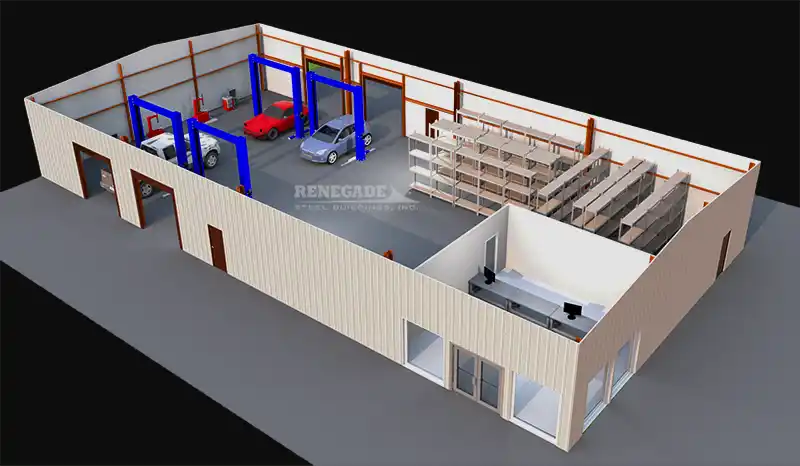 50x100 steel building auto shop cutaway illustration