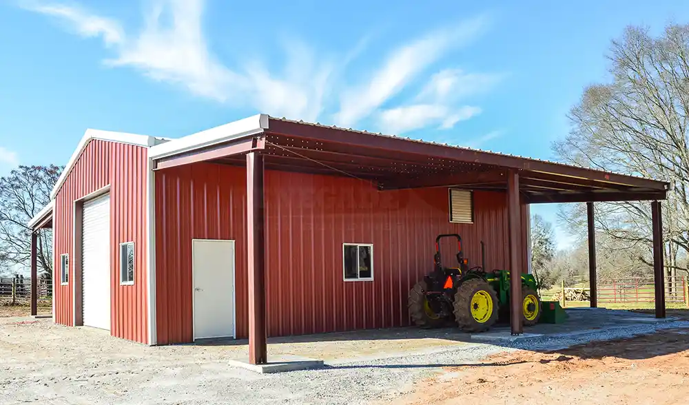 Renegade Farm Steel building, red barn with open lean tos