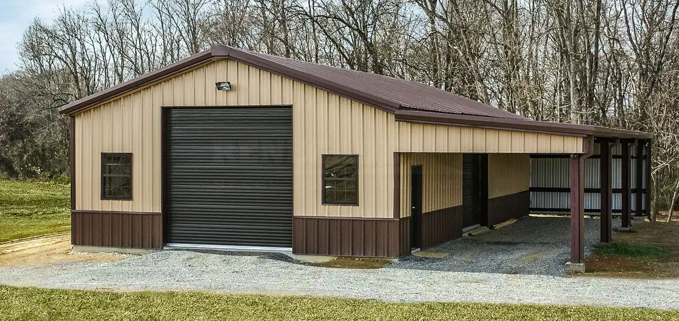 30x60 Tan and Brown renegade steel building with open lean to on one side