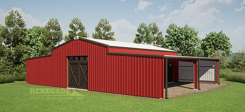 30x50x15 red barn steel building with lean to illustration