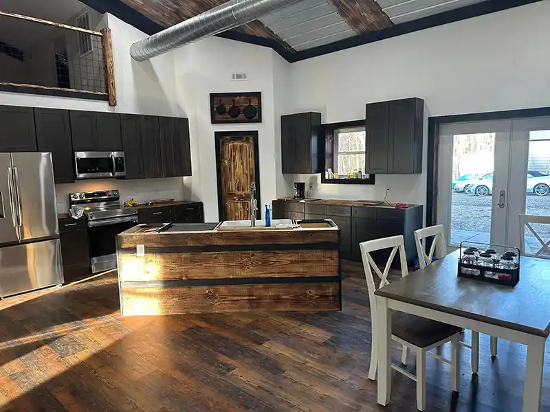 Steel building interior with hardwood floors