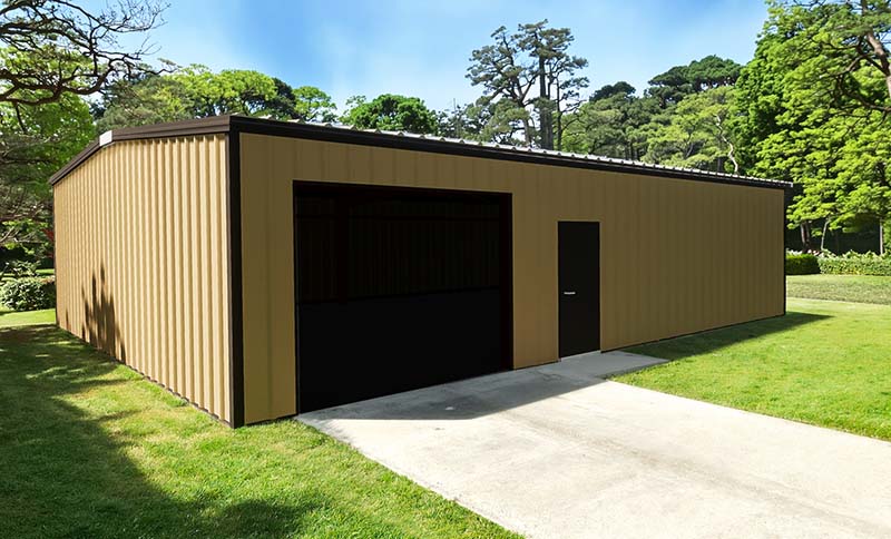 30x40x10 steel building illustration with tan walls and burnished slate trim, 10x8 opening and 3070 walk door