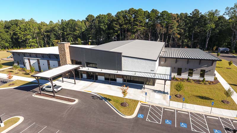 Aerial view of Gateway Church at Friendship three-building campus in Buford Georgia